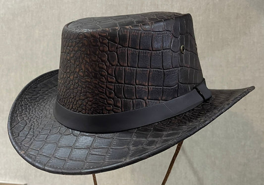 Ganyees Leather 100% premium Leather Hat crocodile Embossed Cowhide Brown G-002
